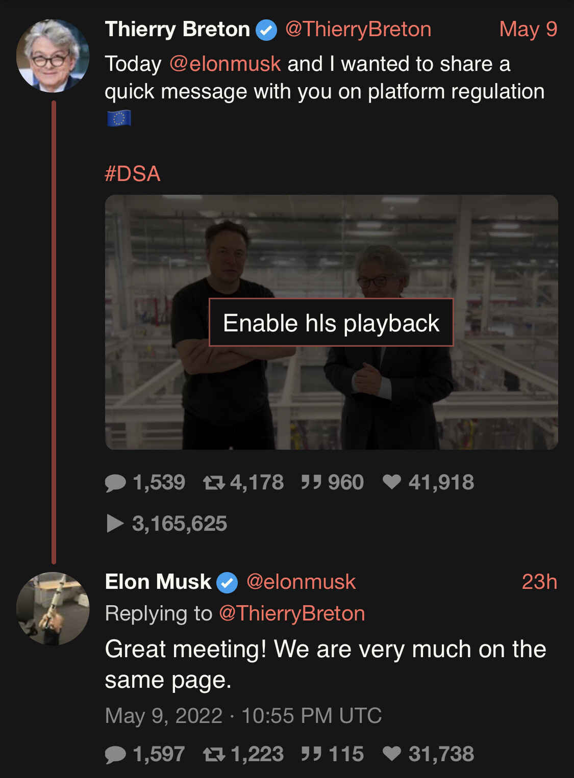 Elon Musk: Great meeting! We are very much on the same page.